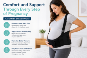 Pregnant woman wearing a maternity support brace for lower back support during pregnancy